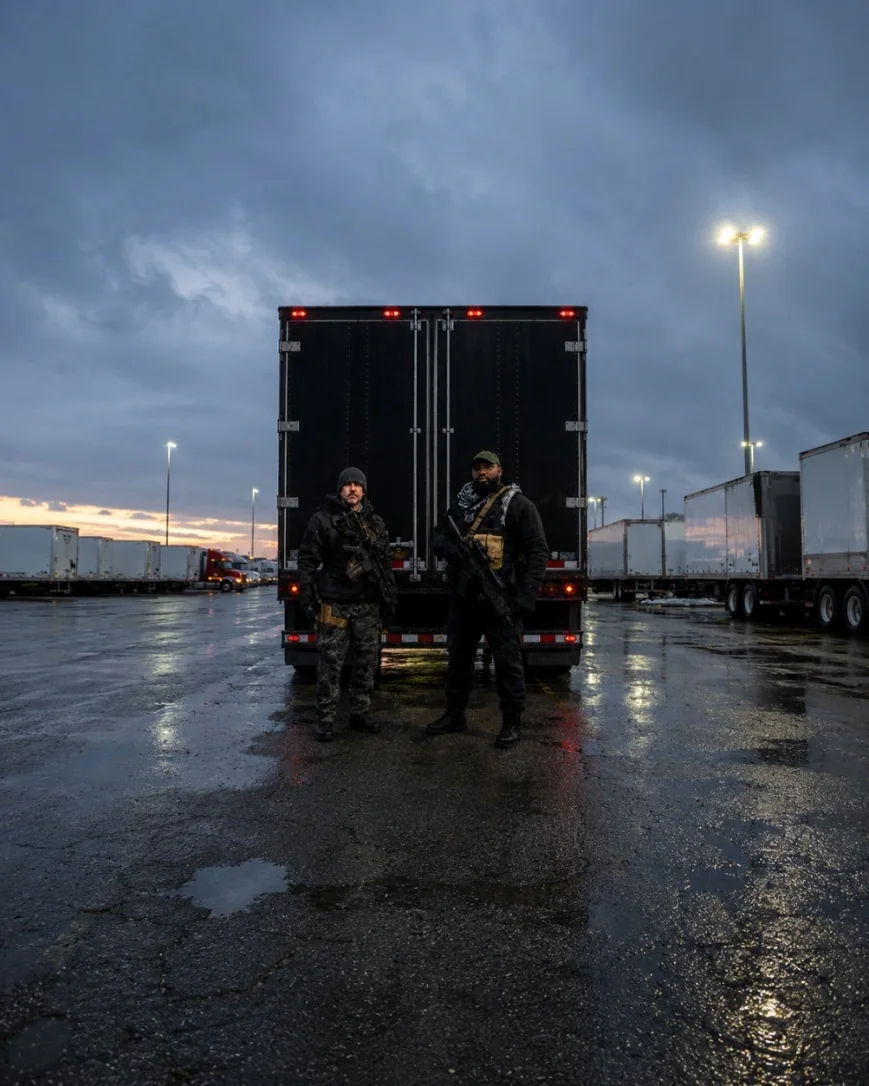 Two protective agents positioned behind a high-value cargo truck in a wet freight yard.