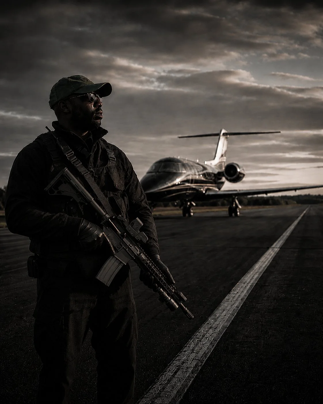 Protective agent positioned near a private aircraft for specialized security support.